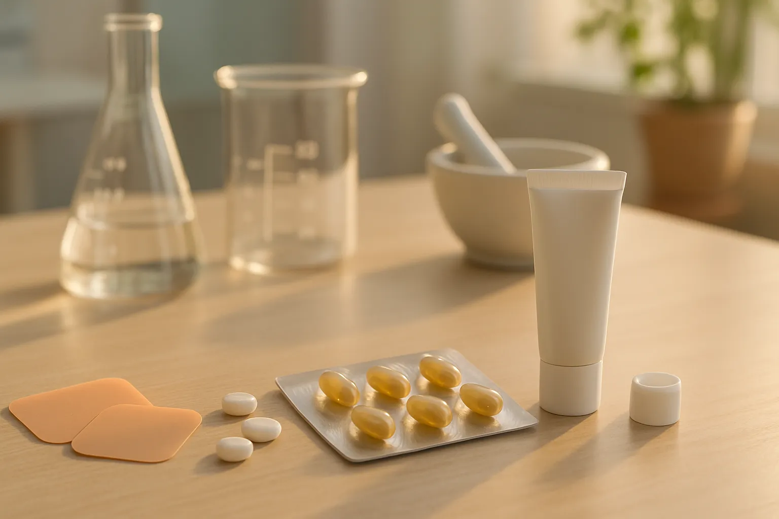 Diferentes formas de administração de hormônios bioidênticos incluindo adesivos transdérmicos, comprimidos sublinguais e cápsulas micronizadas para tratamento personalizado