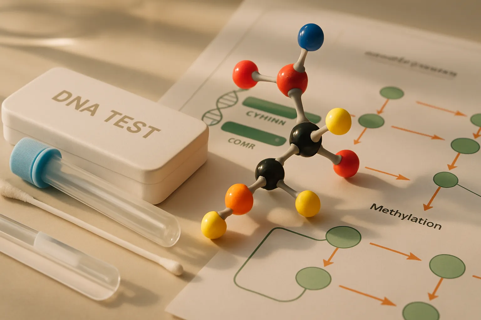 Kit de teste genético com modelos moleculares de enzimas metabolizadoras de hormônios mostrando variantes dos genes CYP3A4, COMT e MTHFR para medicina personalizada