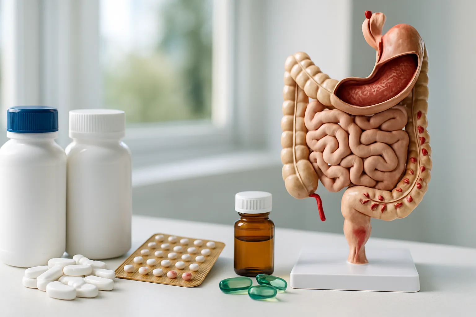 Disposição organizada mostrando fatores de risco para deficiência de B12: medicamentos antiácidos, metformina, pílula anticoncepcional e suplementos para saúde digestiva