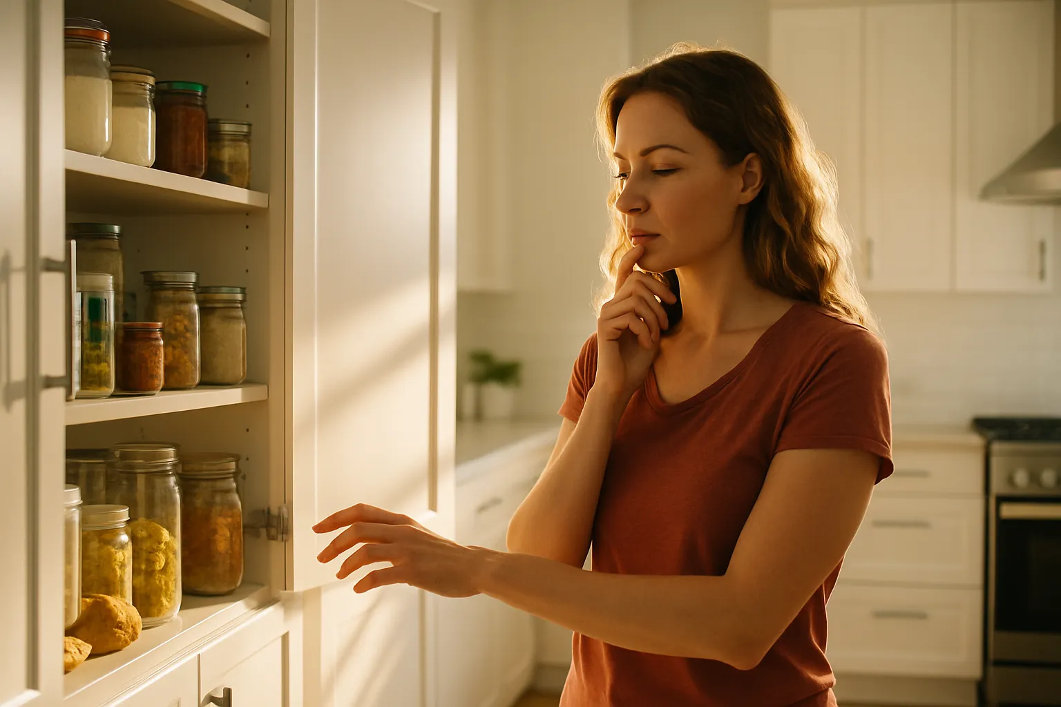 Mulher pausando conscientemente diante do armário da cozinha, reconhecendo gatilho emocional ao invés de fome real