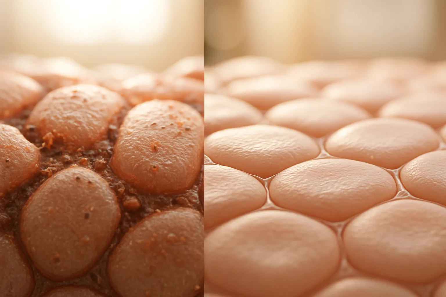 Comparação microscópica detalhada entre células inflamadas envelhecidas e células saudáveis, mostrando o processo invisível da inflamação crônica no nível celular
