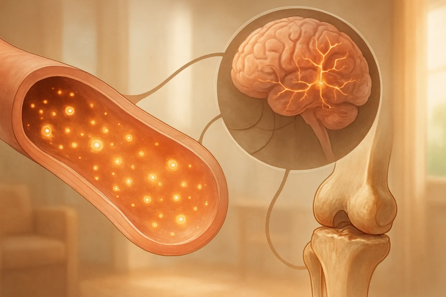 Efeitos Sistêmicos da Inflamação no Corpo Visualização médica dos efeitos sistêmicos da inflamação crônica mostrando marcadores inflamatórios circulando e afetando diferentes órgãos e tecidos do corpo