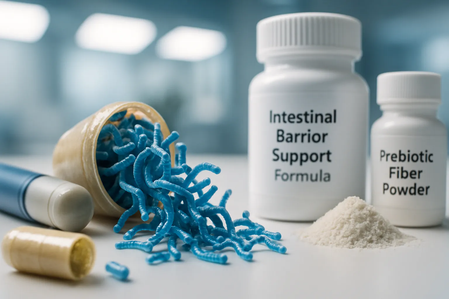 Composição detalhada de suplementos probióticos e medicação GLP-1 ilustrando a conexão entre saúde intestinal e sistema imunológico