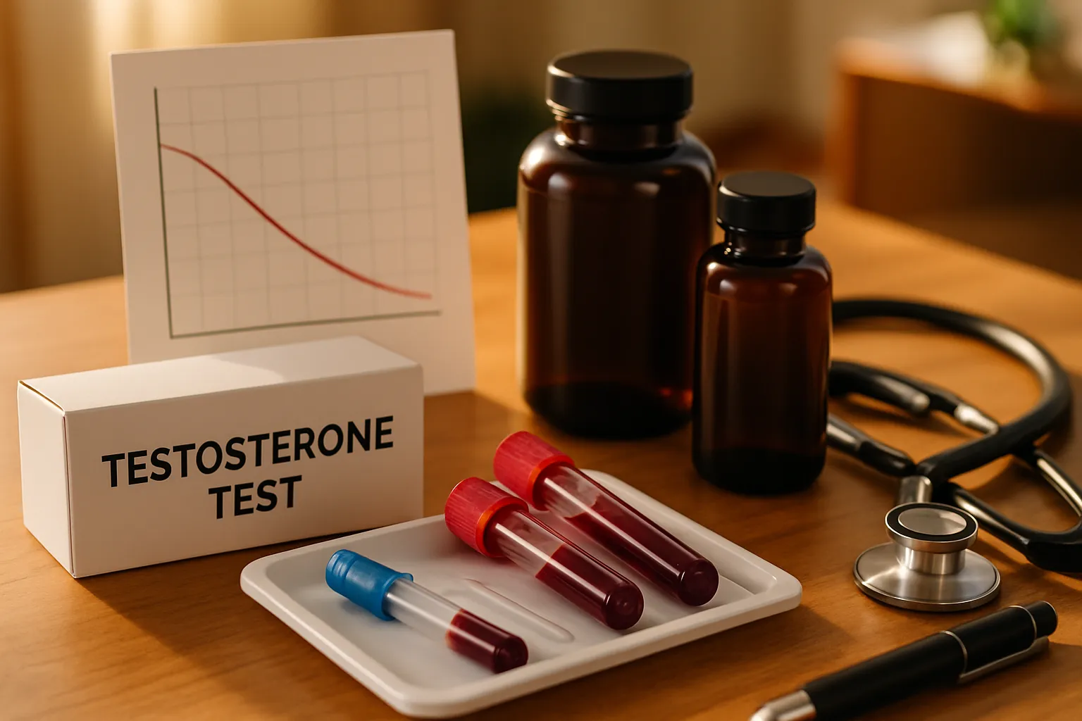 Kit de avaliação de testosterona com tubos de coleta, gráfico de níveis hormonais e suplementos para saúde masculina