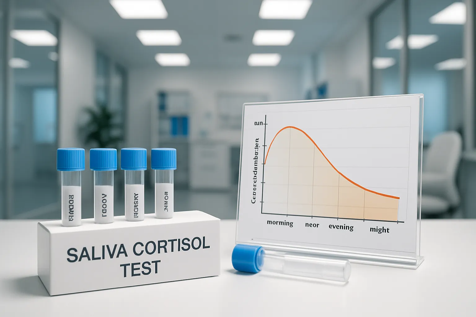 Kit completo de teste de cortisol salivar com tubos de coleta para diferentes horários do dia, demonstrando o monitoramento do padrão circadiano hormonal