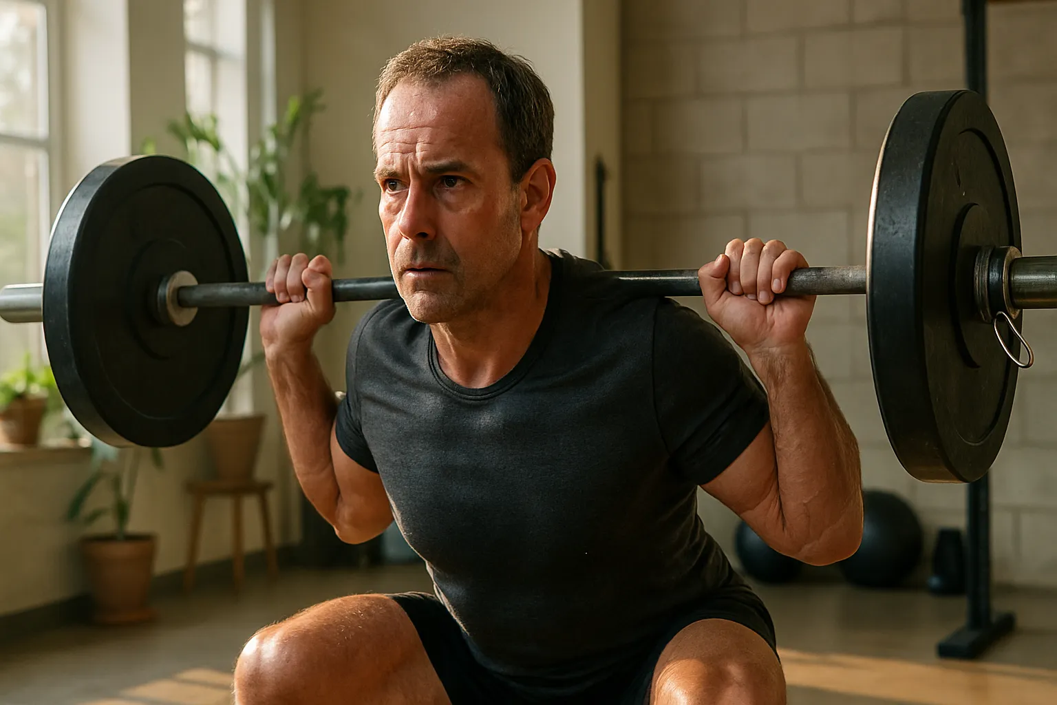 Pessoa de meia-idade executando agachamento com barra, demonstrando ativação muscular e resposta hormonal durante treino de força