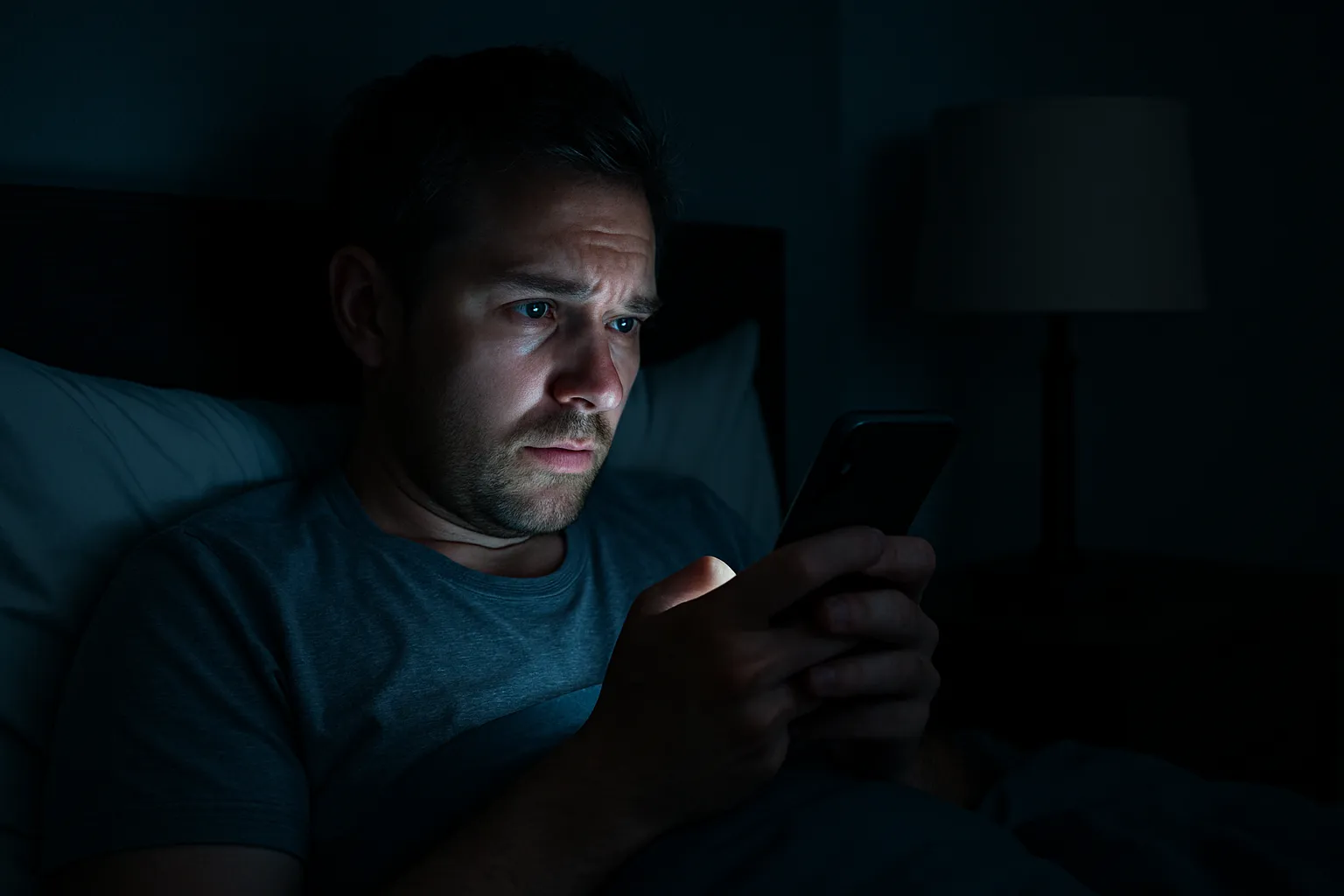 Exposição à Luz Azul Antes de Dormir Pessoa na cama à noite exposta à luz azul do smartphone, demonstrando hábito que suprime a produção de melatonina e prejudica o sono profundo