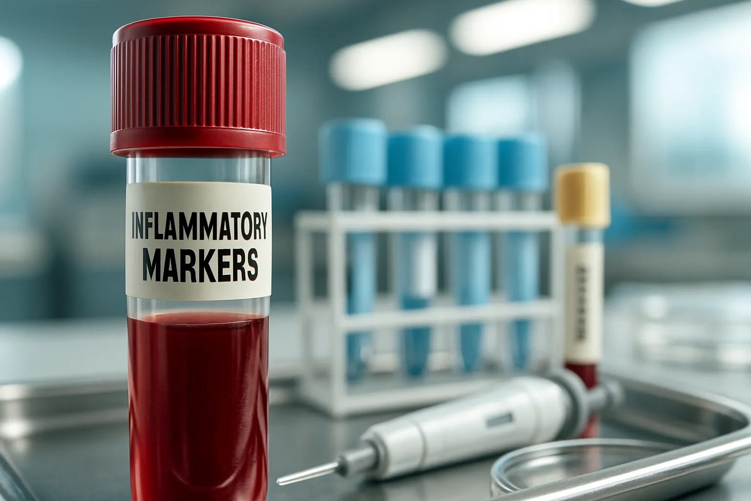 Detalhe macro de tubos de exame laboratorial para análise de marcadores inflamatórios como citocinas e proteína C-reativa
