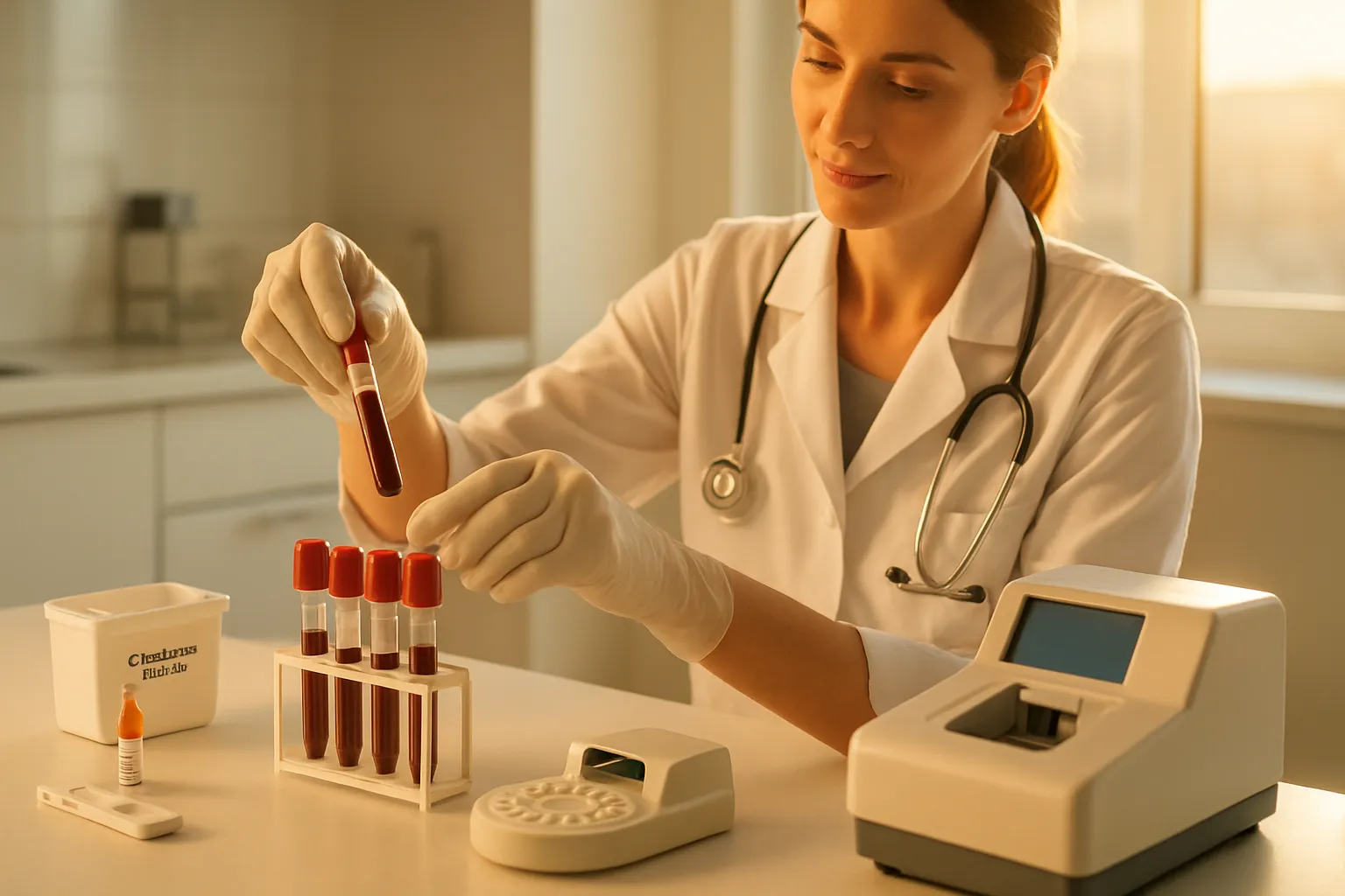 Profissional de saúde preparando painel completo de exames metabólicos incluindo insulina, marcadores inflamatórios e hormônios para investigação profunda