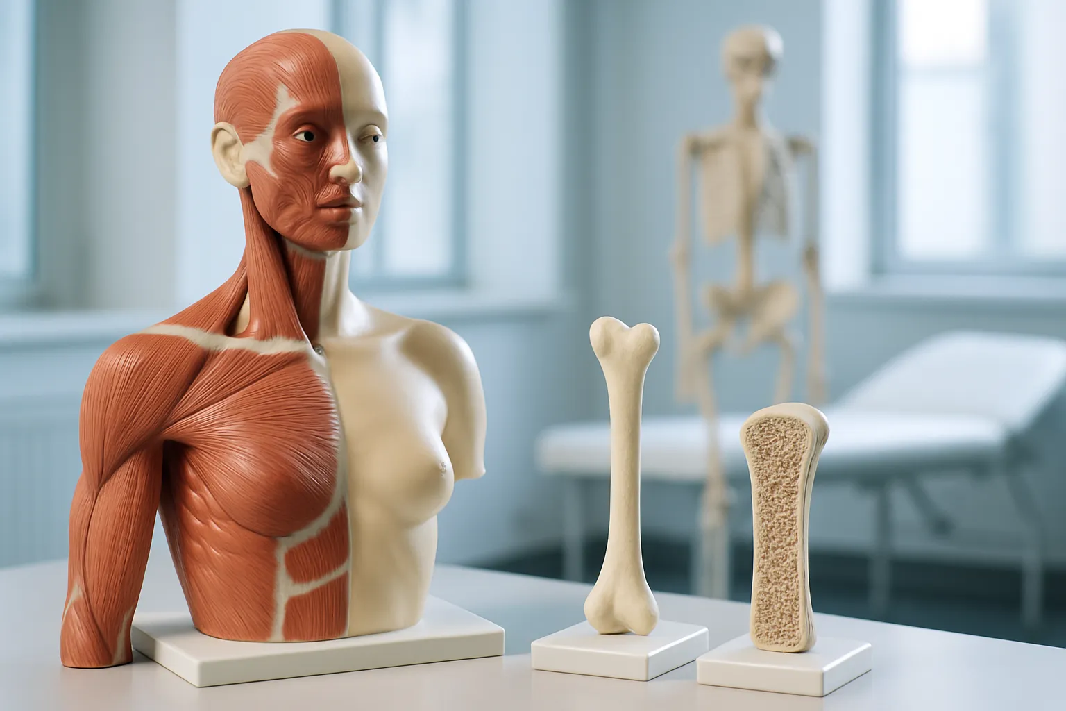 Modelo anatômico educativo demonstrando como a testosterona protege massa muscular e densidade óssea feminina
