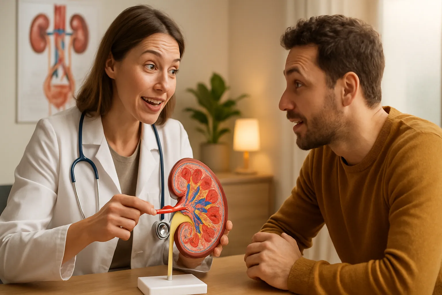 Profissional de saúde explicando mecanismos de filtração renal e proteção dos néfrons para paciente usando modelo anatômico dos rins