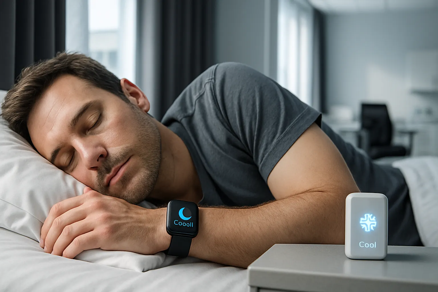 Homem dormindo profundamente com dispositivo de monitoramento de sono no pulso, demonstrando ambiente otimizado para produção de testosterona durante o sono