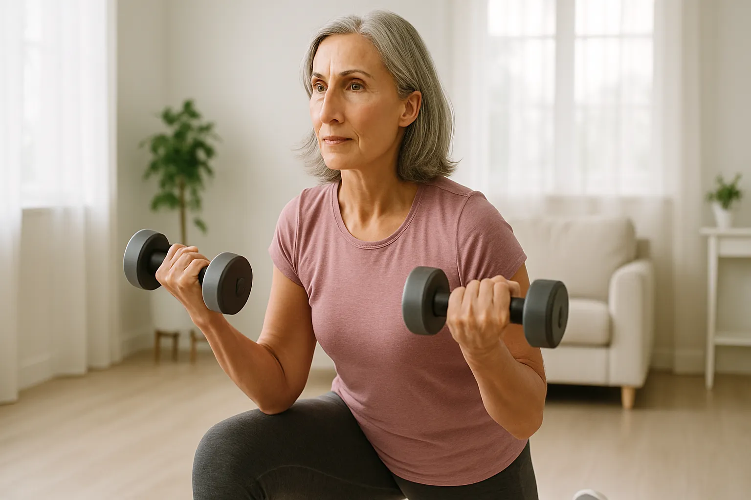 Mulher madura praticando exercícios de força com pesos para fortalecer densidade óssea e prevenir osteoporose