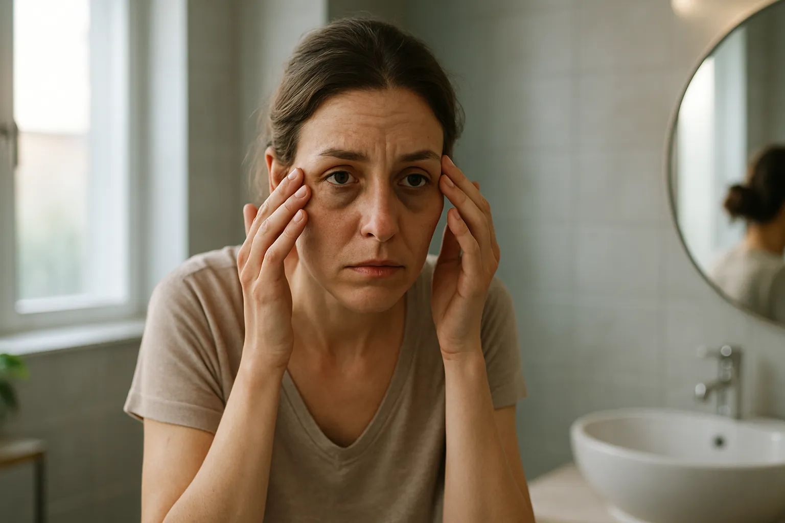 Mulher preocupada observando sinais de envelhecimento precoce no espelho, ilustrando os efeitos visíveis de um microbioma inflamado