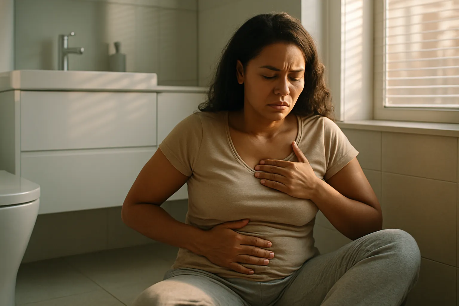 Mulher demonstrando desconforto físico com sintomas de excesso de estrogênio incluindo inchaço abdominal e sensibilidade mamária