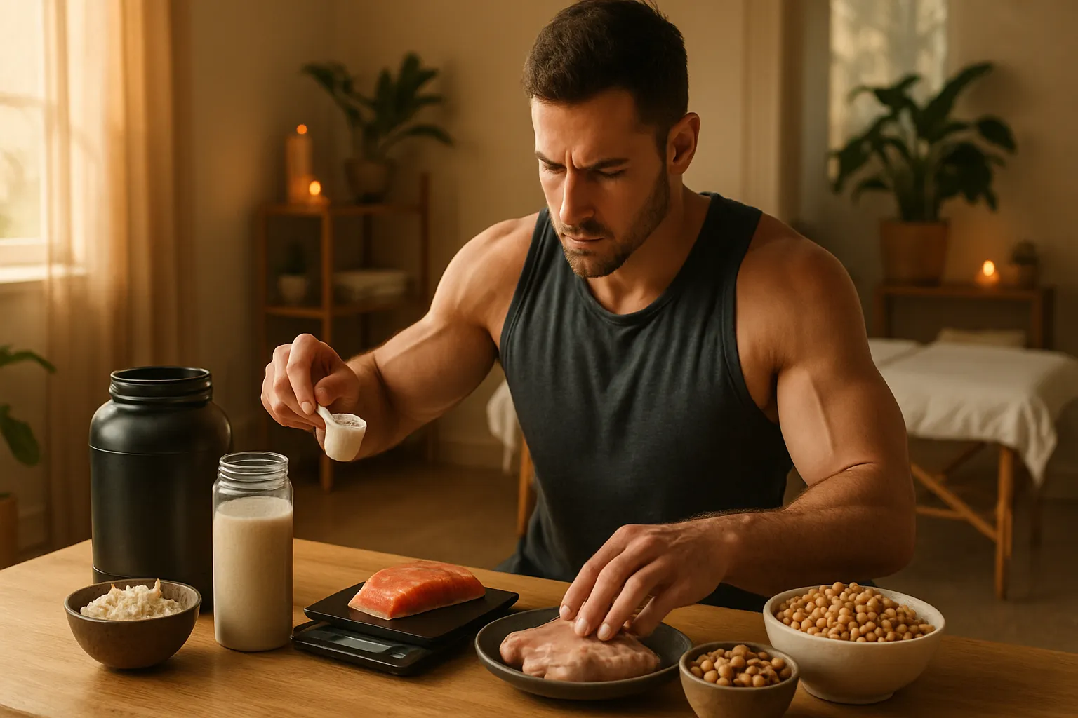 Muscle Recovery and Protein Synthesis Routine Pessoa preparando refeição proteica pós-treino com foco em síntese muscular e otimização de recuperação