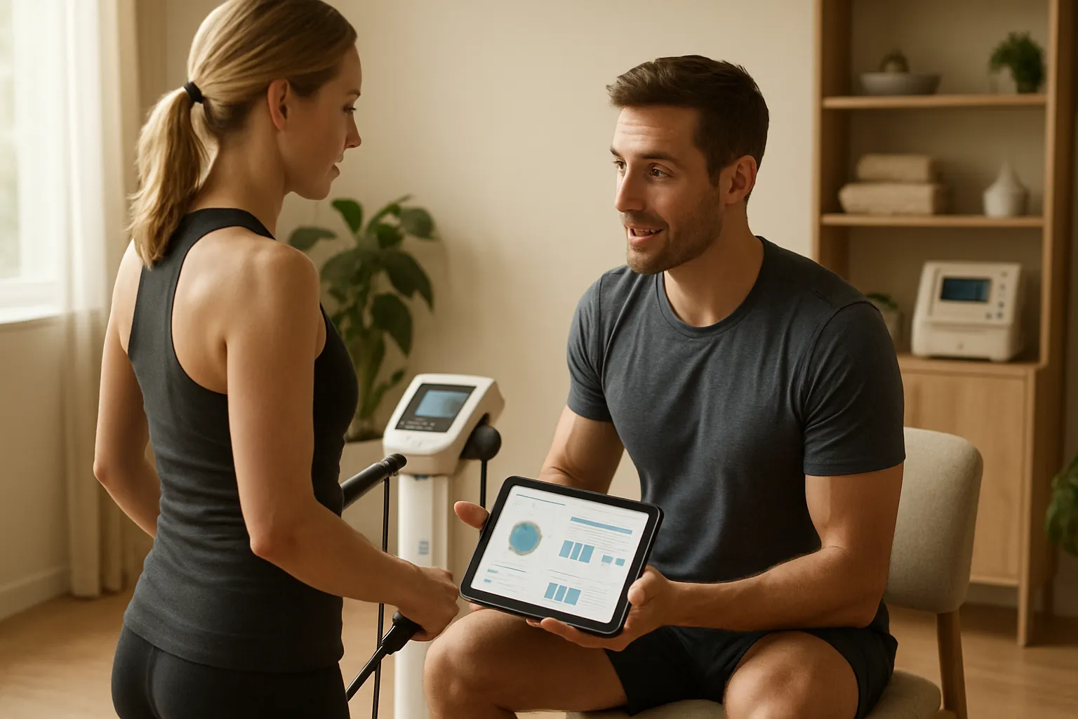Profissional de saúde realizando avaliação de composição corporal e massa muscular com equipamento de bioimpedância em ambiente clínico acolhedor