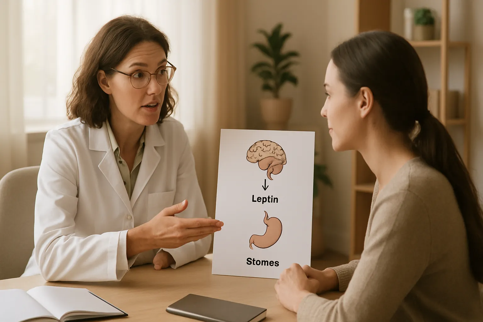 Nutricionista explicando resistência à leptina e sinais de saciedade para paciente, abordando mecanismos hormonais do efeito rebote pós-GLP-1