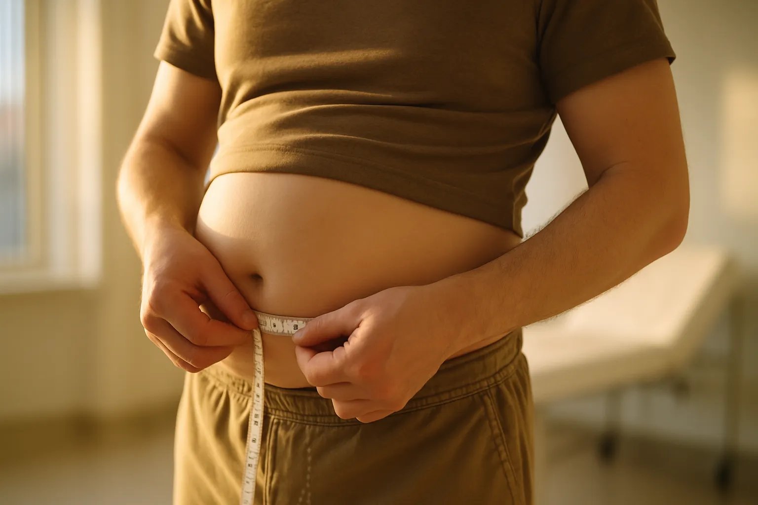 Medição de circunferência abdominal mostrando acúmulo de gordura visceral em pessoa com peso aparentemente normal, ilustrando obesidade metabólica