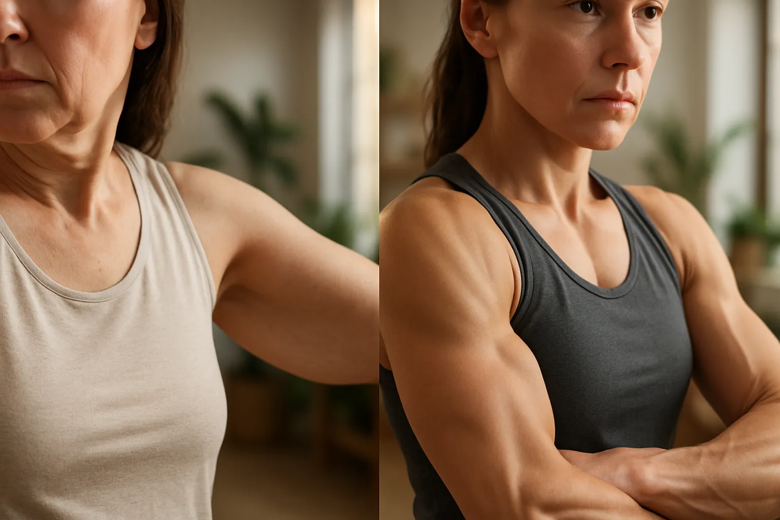 Comparação visual mostrando perda de massa muscular e flacidez em pessoa acima de 40 anos versus manutenção muscular