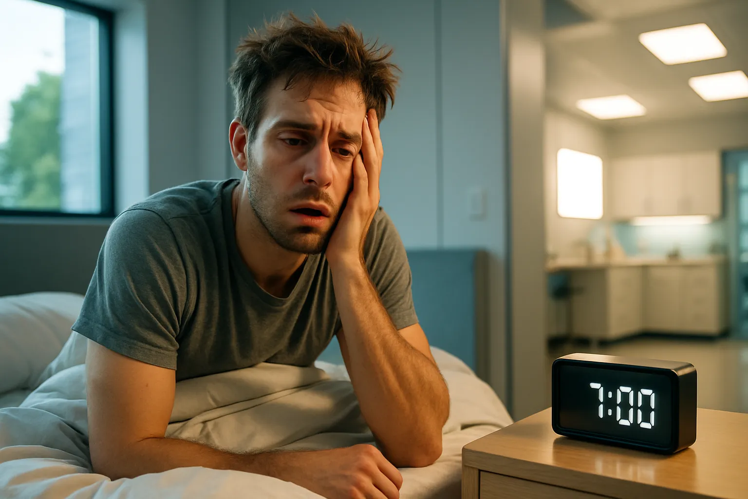 Pessoa acordando visivelmente exausta pela manhã apesar de ter dormido horas suficientes, sintoma característico de cortisol matinal baixo