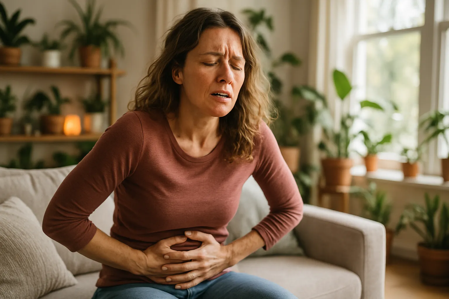 Mulher demonstrando sinais de fadiga crônica e desconforto abdominal, sintomas de barreira intestinal comprometida