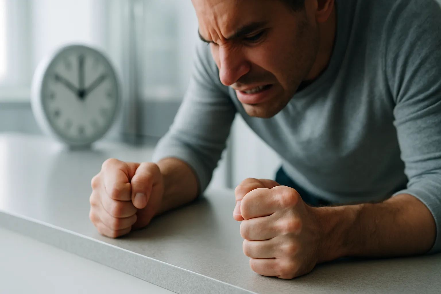 Pessoa Lutando Contra Fome Intensa Durante Jejum Pessoa demonstrando dificuldade extrema para controlar a fome durante o período de jejum intermitente