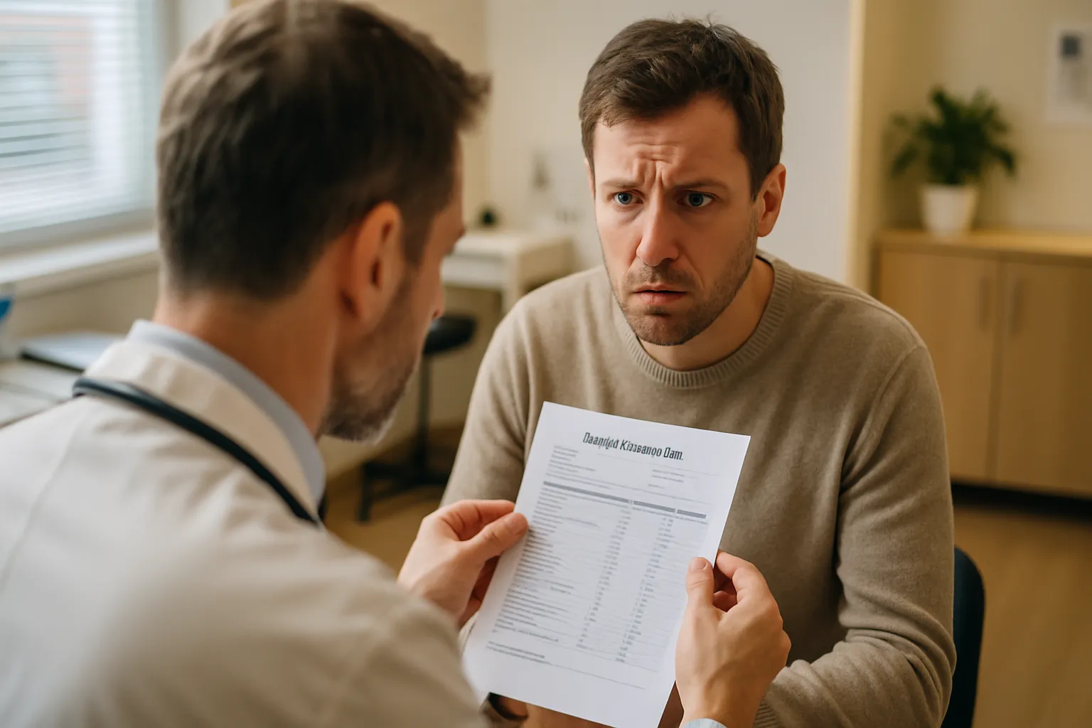 Pessoa preocupada segurando resultados de exame de função renal em consulta médica, ilustrando a importância do monitoramento da saúde dos rins