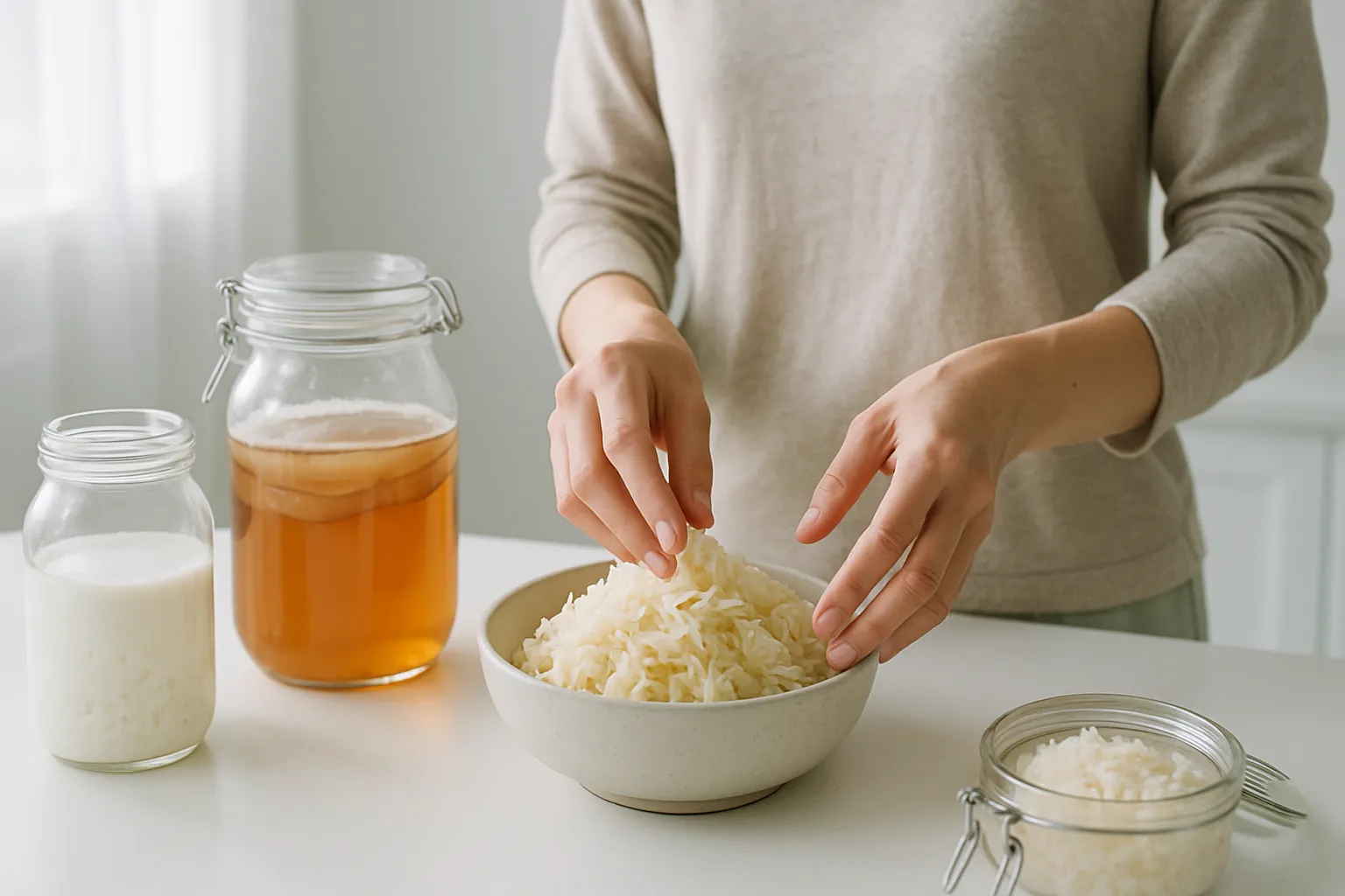 Preparação caseira de alimentos fermentados probióticos incluindo kefir, kombucha e chucrute para fortalecer a saúde intestinal e microbiota