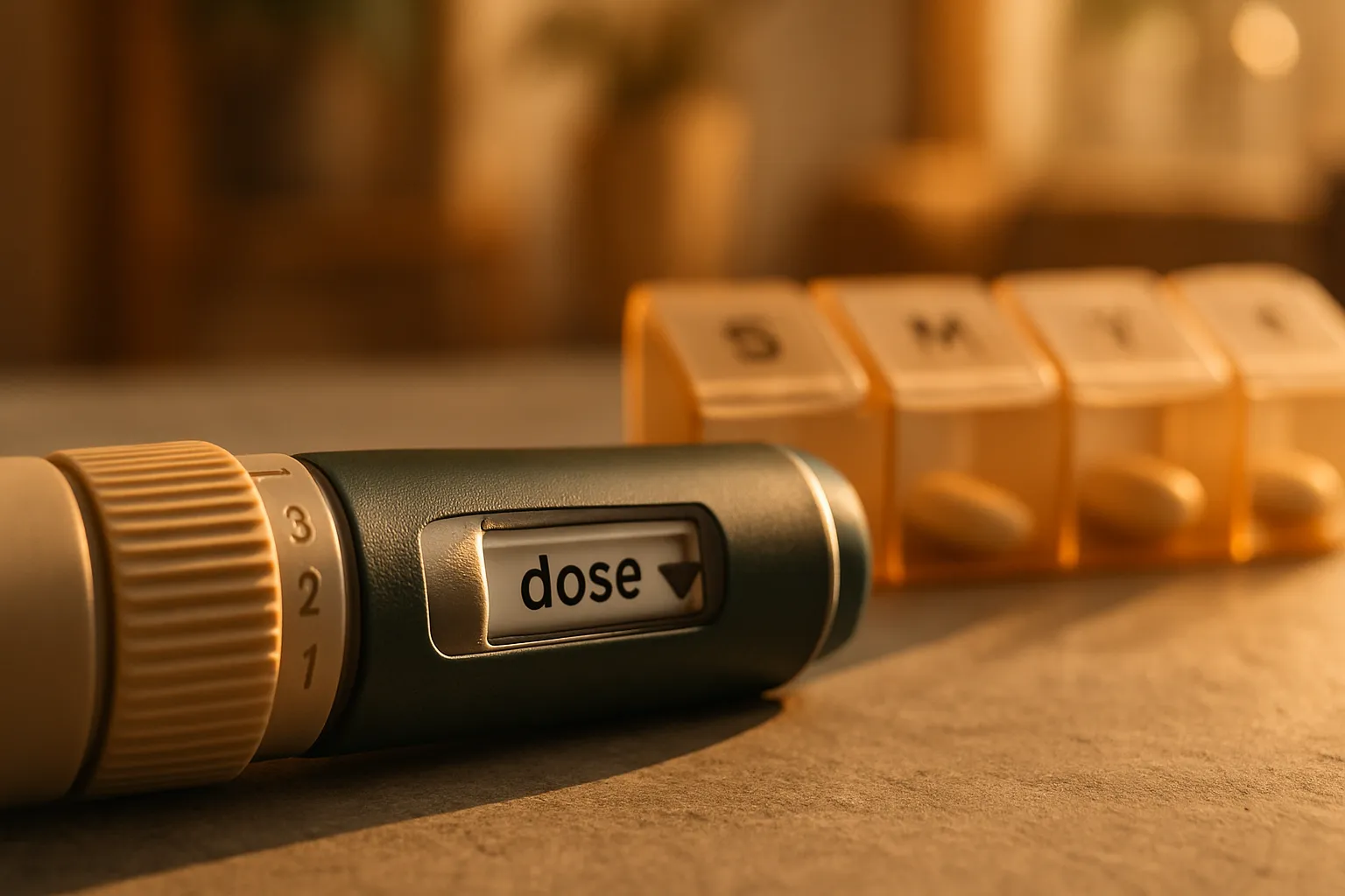Detalhe macro do seletor de dose de medicação GLP-1 mostrando redução gradual, com organizador semanal ao fundo