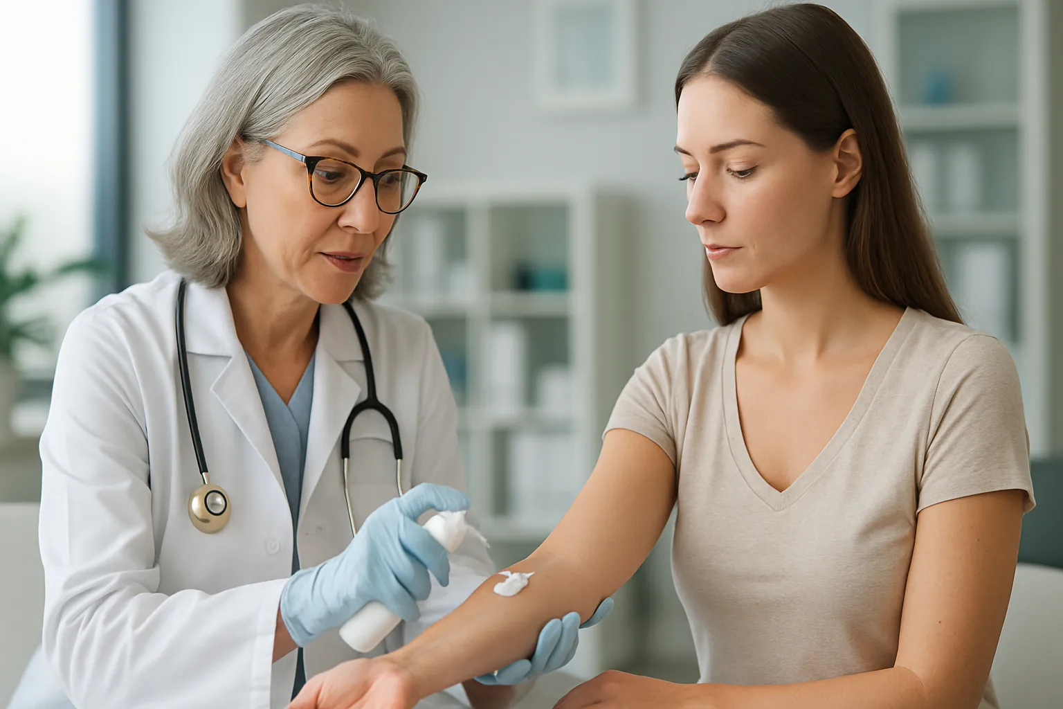 Médica especialista demonstrando técnica de aplicação de reposição hormonal de testosterona feminina personalizada