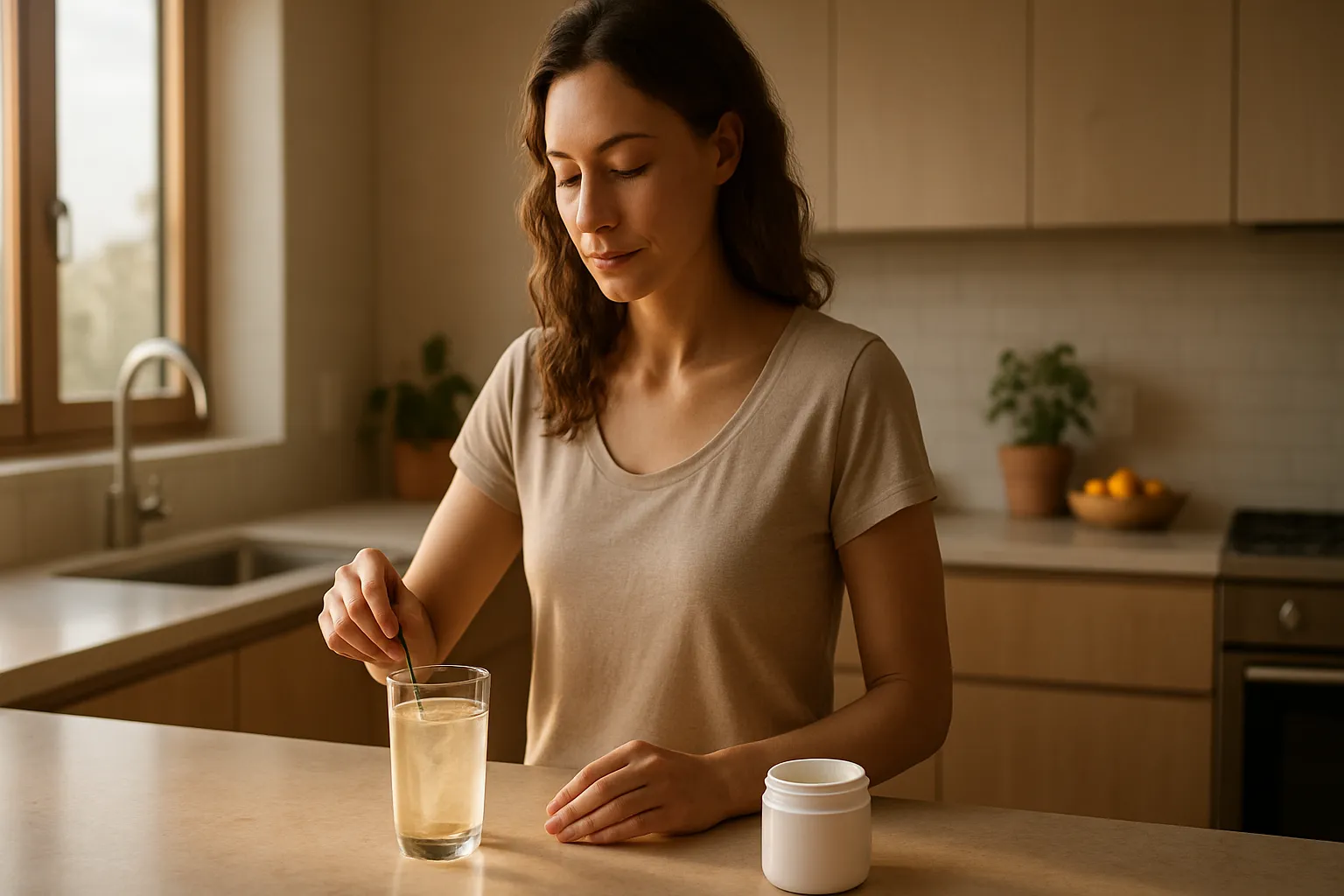 Mulher preparando sua dose matinal de peptídeos de colágeno hidrolisado como parte da rotina diária de cuidados com a pele de dentro para fora