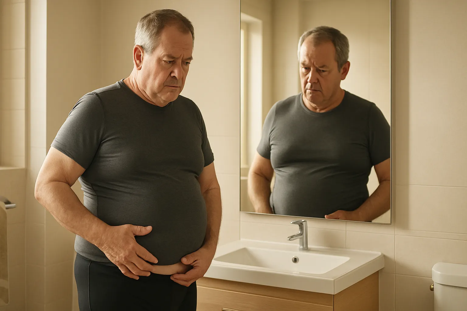 Pessoa de meia-idade avaliando mudanças na composição corporal relacionadas à perda progressiva de massa muscular (sarcopenia)