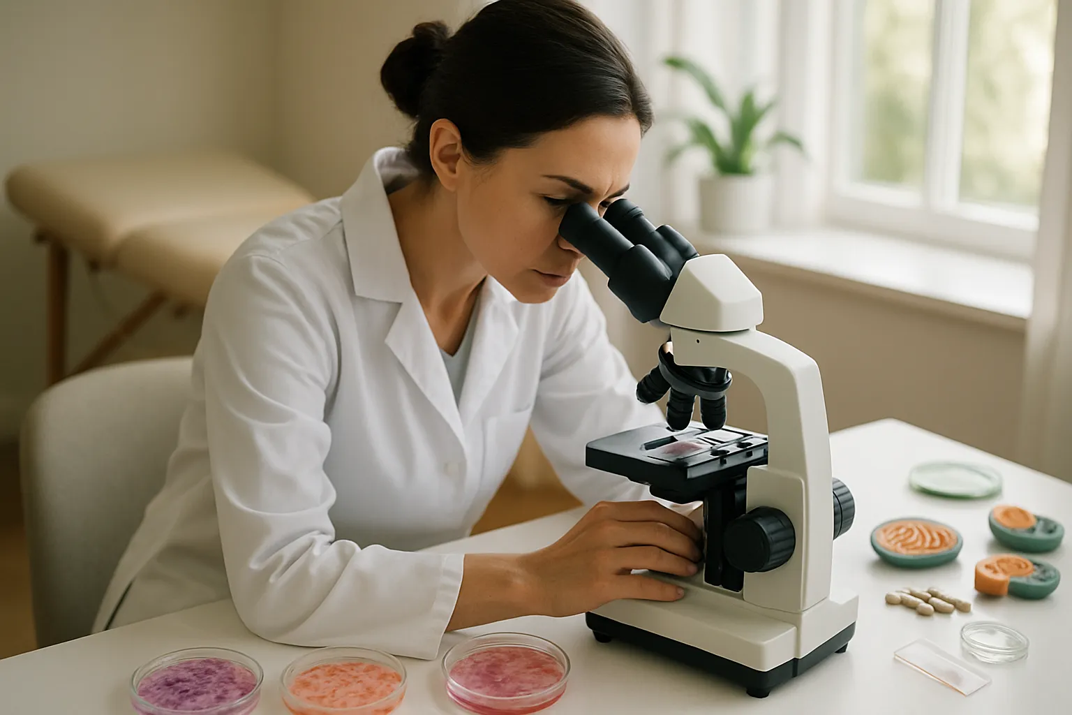 Especialista médico analisando amostras de regeneração celular através de microscópio avançado, com ferramentas de avaliação de autofagia e saúde mitocondrial