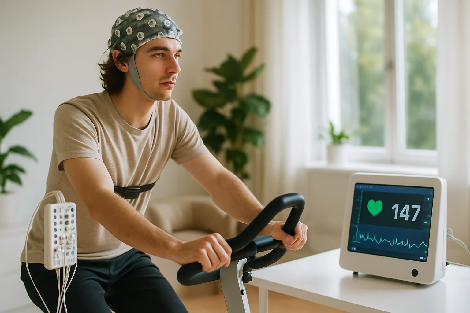 Paciente jovem realizando avaliação cardiovascular e cognitiva em equipamento especializado, demonstrando os benefícios neuroprotetores e cardíacos da semaglutida