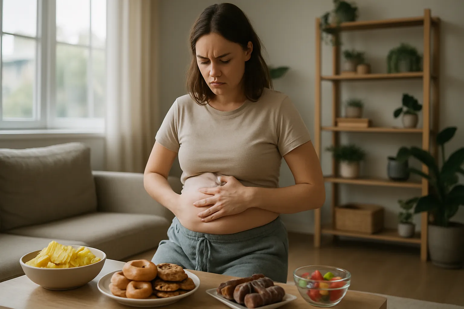 Pessoa demonstrando sintomas silenciosos de microbioma inflamado, incluindo inchaço abdominal e desejos por açúcar