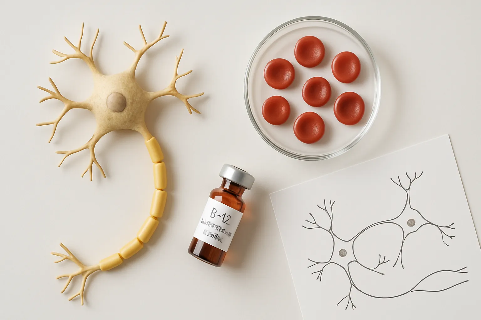 Composição médica mostrando modelo de célula nervosa com bainha de mielina, amostras de glóbulos vermelhos e frasco de vitamina B12, ilustrando a função neurológica da vitamina
