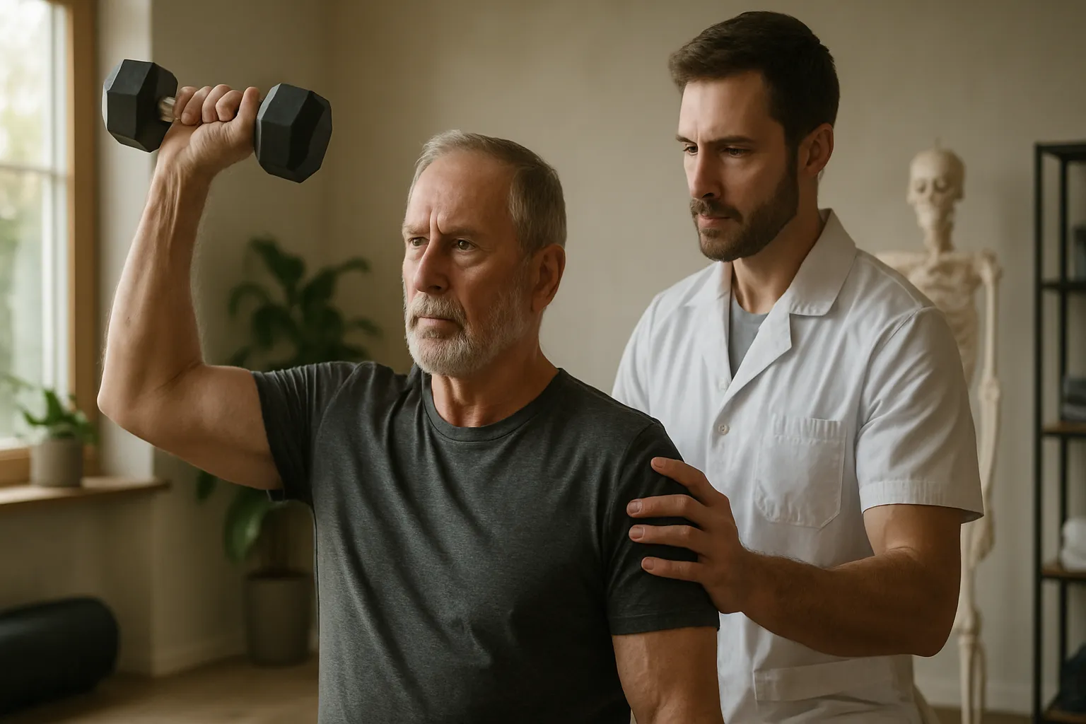 Homem idoso de 65-70 anos realizando exercício com halteres sob supervisão de especialista clínico, demonstrando ganhos de força funcional