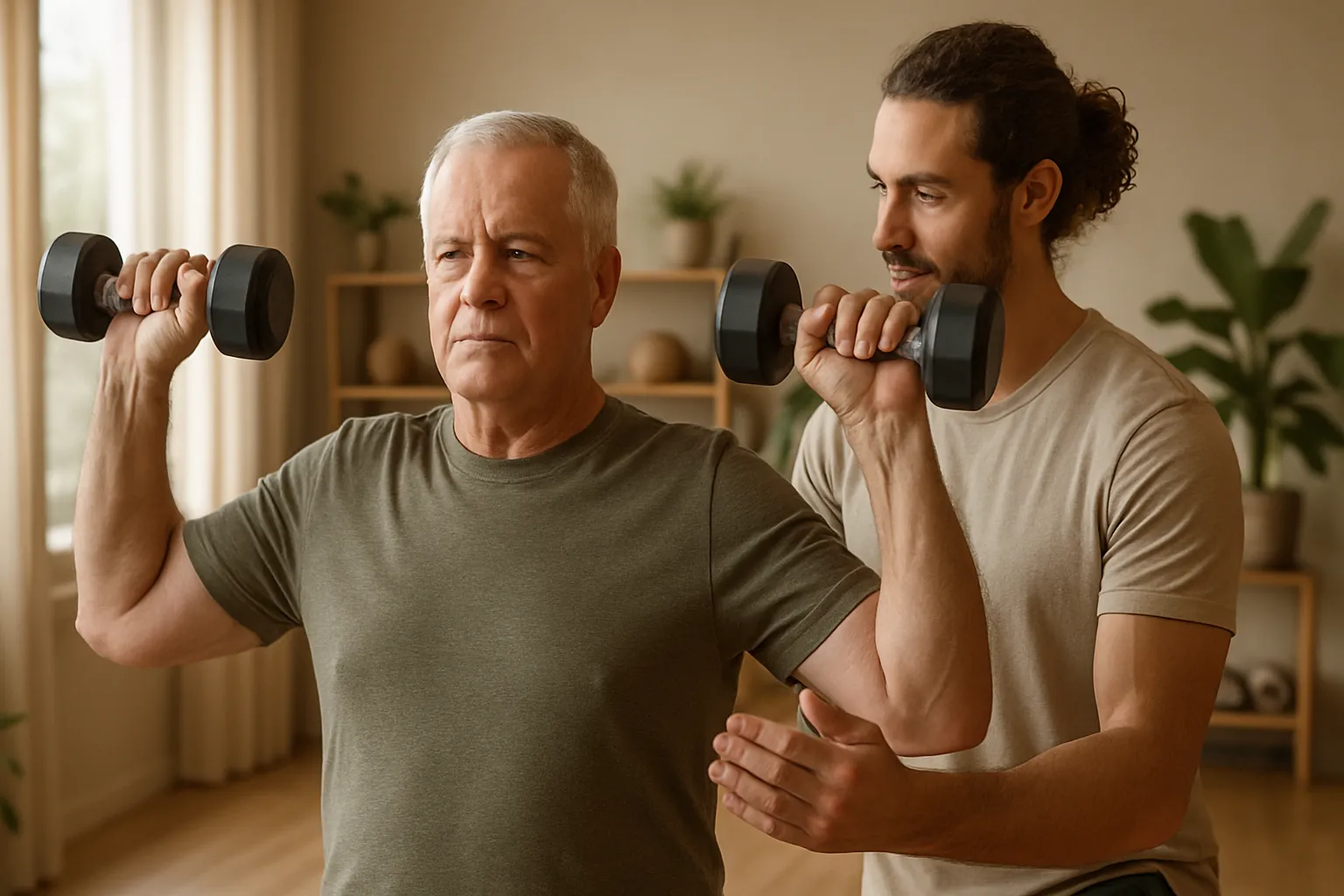 Adulto acima de 60 anos realizando treinamento de força com acompanhamento profissional, demonstrando exercícios para manutenção muscular e proteção cerebral
