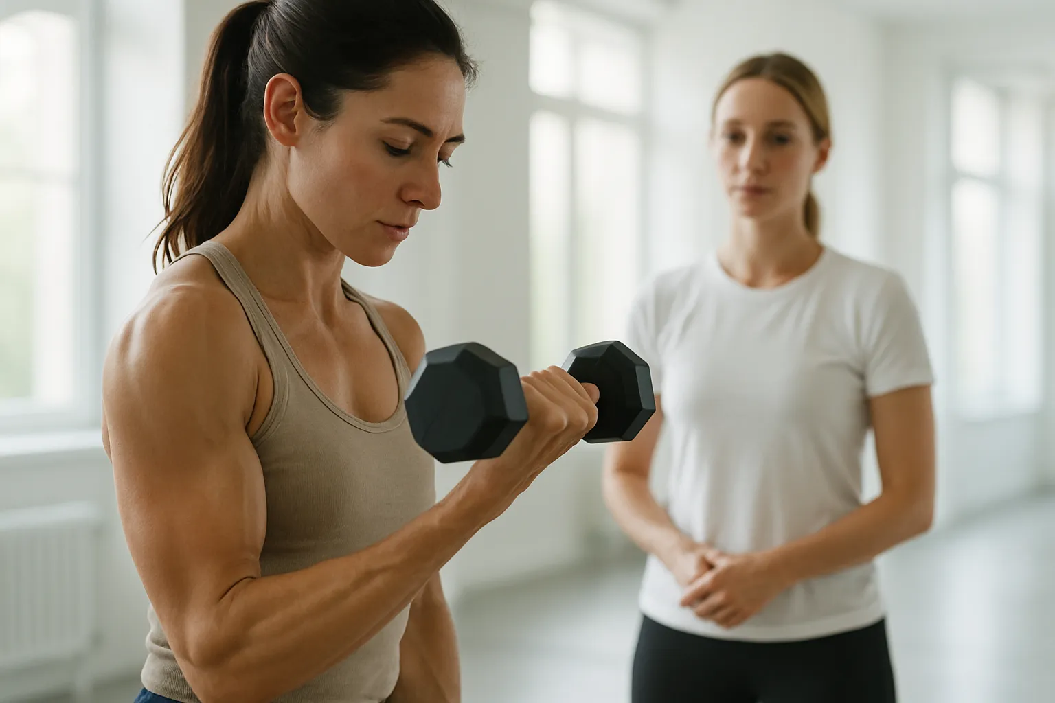 Mulher realizando treinamento de força com halteres sob supervisão profissional para melhorar sensibilidade à insulina e preservar massa muscular