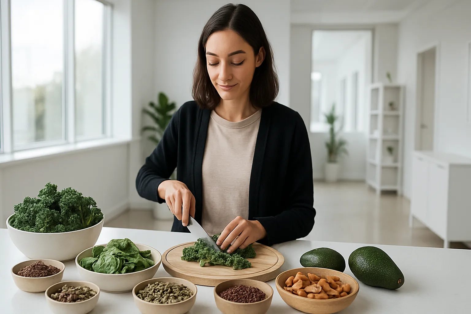 Mulher preparando refeição anti-inflamatória rica em magnésio com vegetais verdes escuros, sementes de abóbora e cacau para fase lútea
