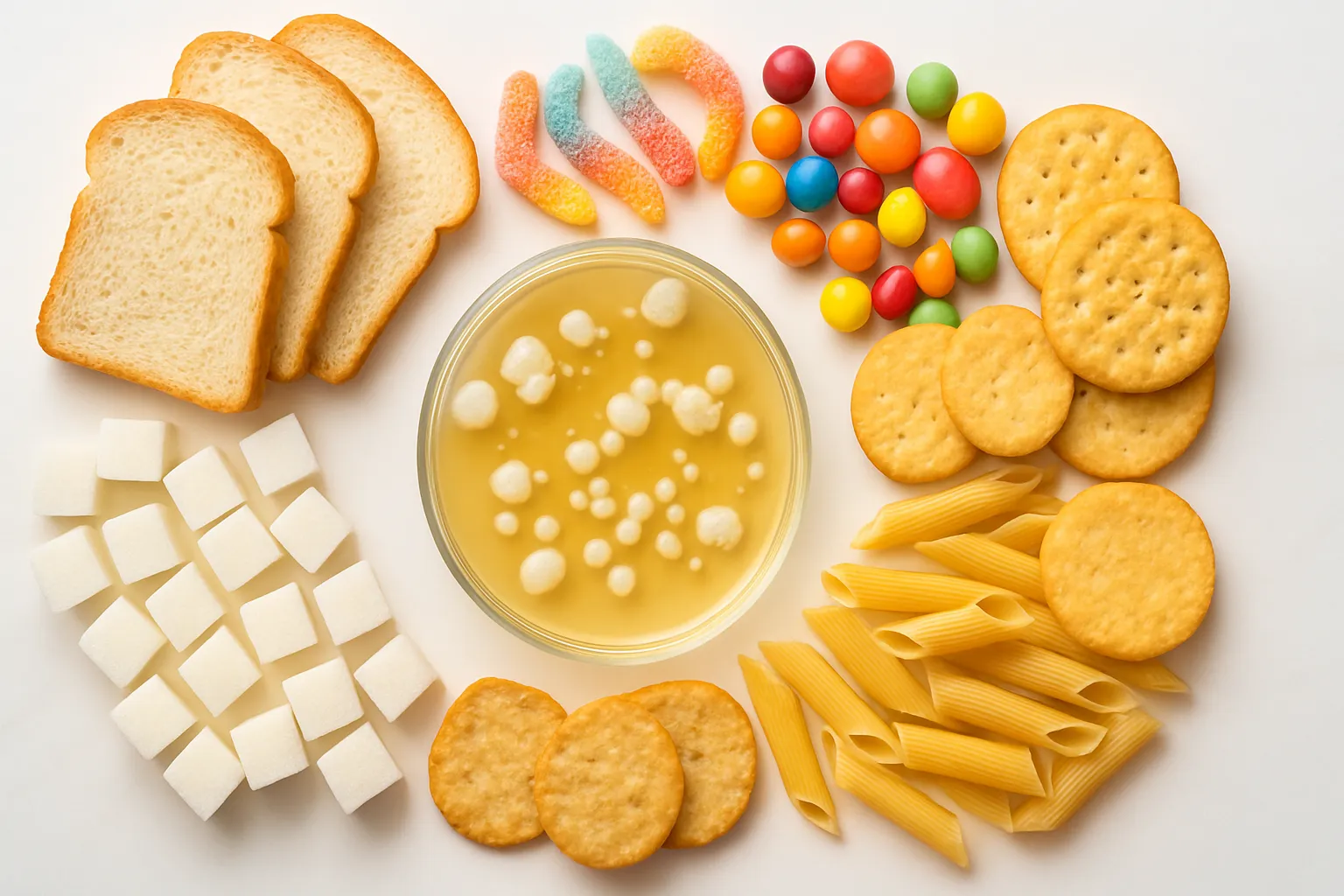 Composição de alimentos ricos em açúcar e carboidratos refinados que alimentam bactérias patogênicas causadoras de disbiose e compulsão alimentar