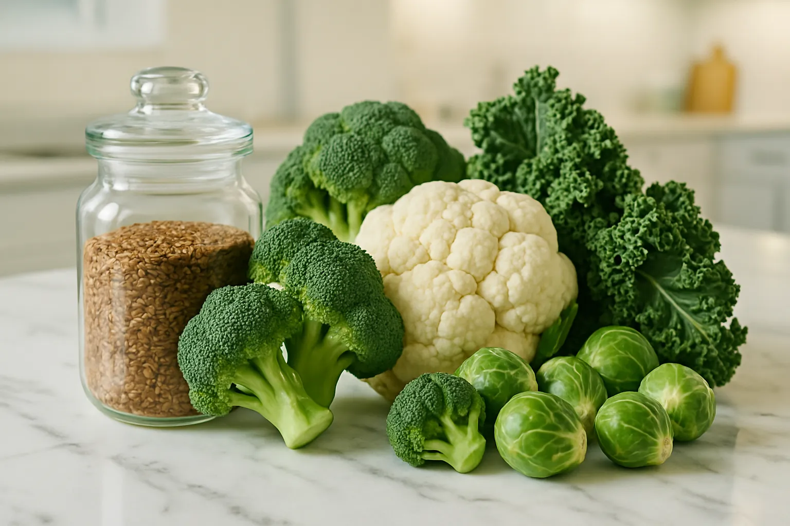 Variedade de alimentos ricos em fibras para desintoxicação de estrogênio incluindo sementes de linhaça, brócolis, couve-flor e vegetais crucíferos