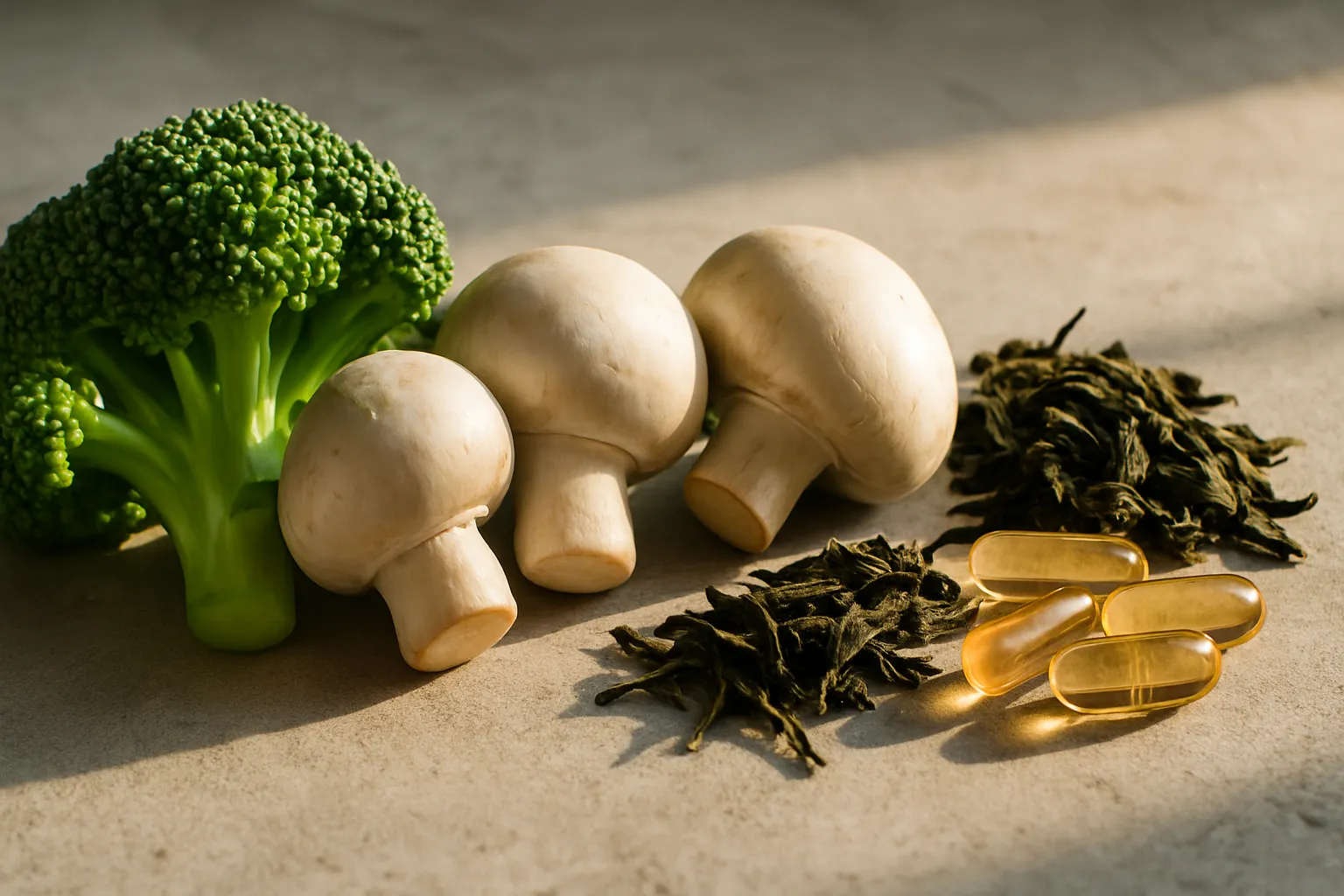 Composição em macro de alimentos e suplementos naturais que inibem aromatase: brócolis, cogumelos, chá verde e zinco sobre superfície de concreto