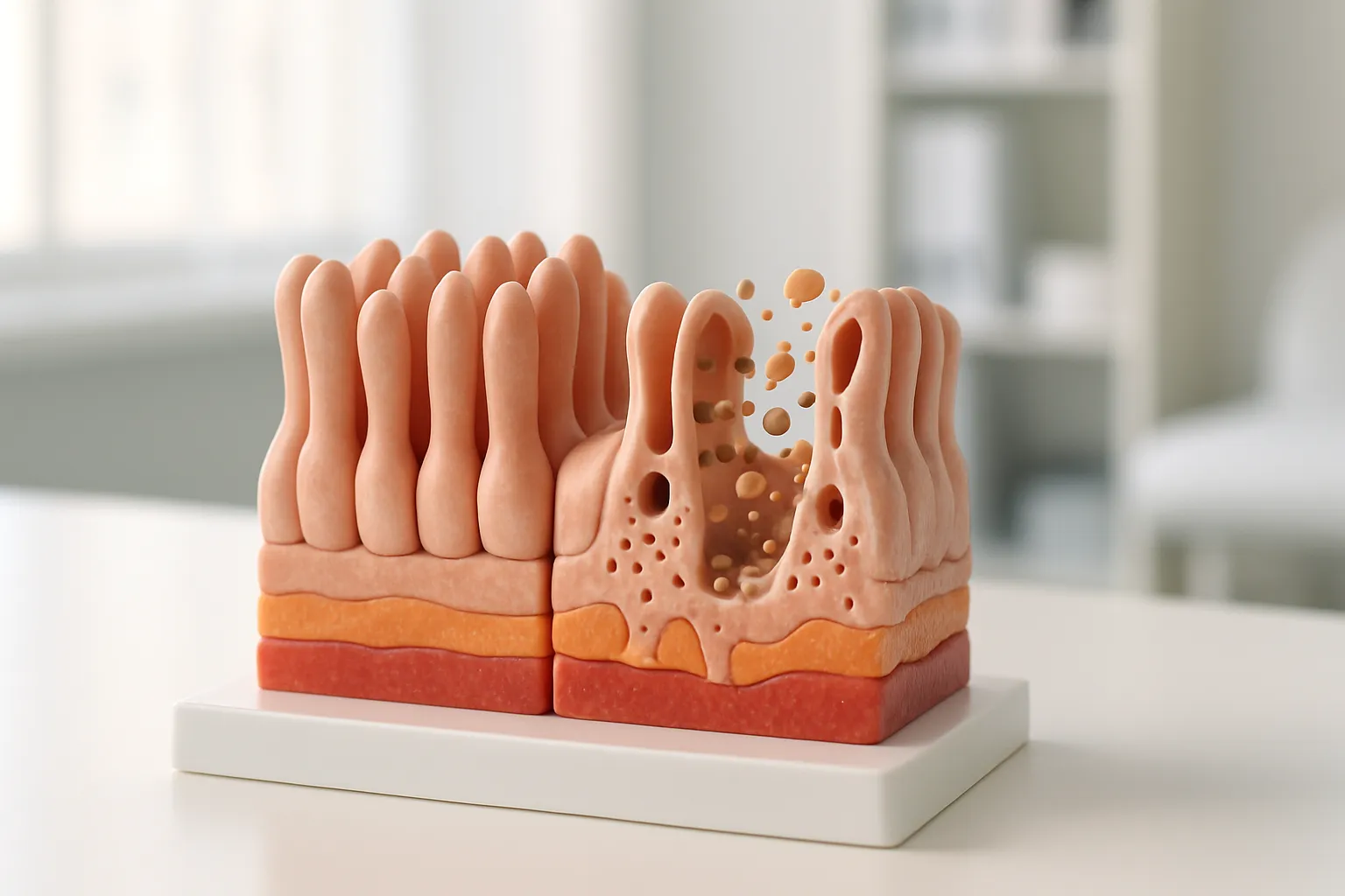 Modelo educativo da barreira intestinal comprometida mostrando como a inflamação prejudica a absorção de nutrientes essenciais para a tireoide