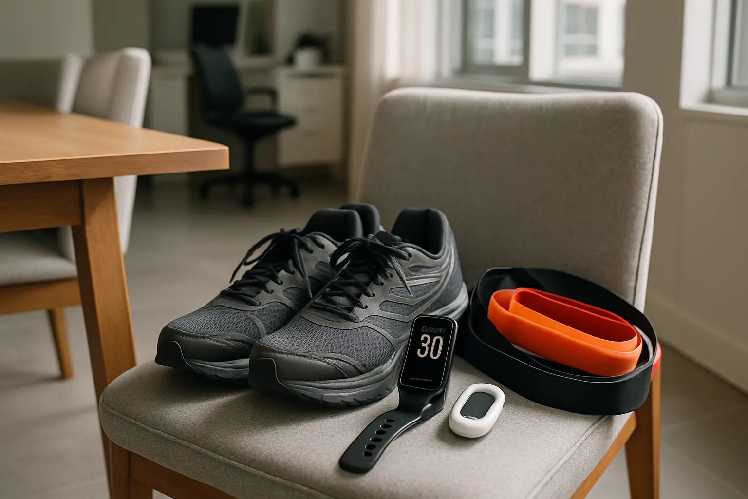 Estratégia de caminhada pós-refeição para reversão Setup de rotina de caminhada pós-refeição com tênis, rastreador fitness e equipamentos de treino de força para reversão de pré-diabetes