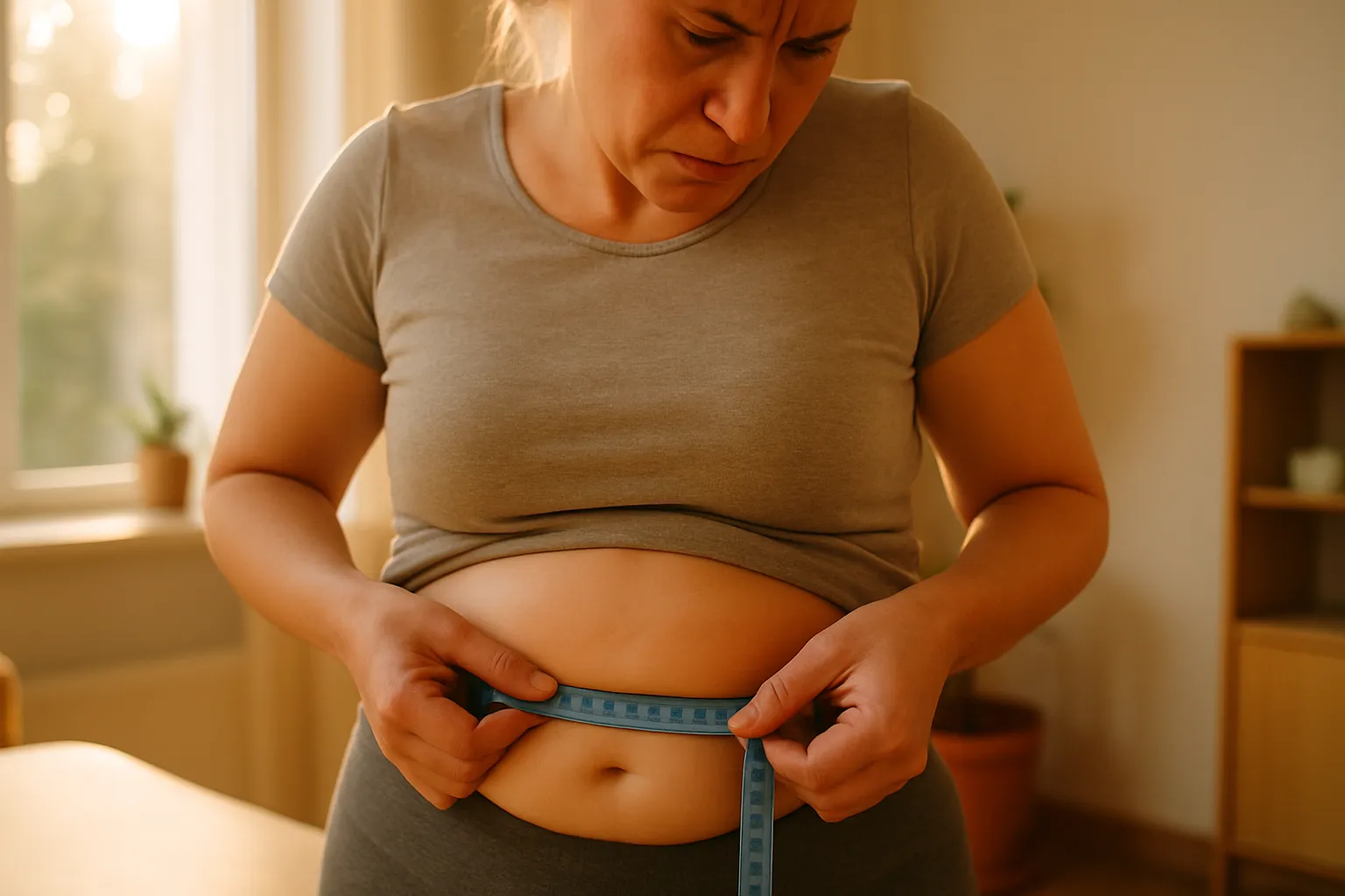 Pessoa medindo circunferência abdominal mostrando acúmulo de gordura visceral, sintoma visual de resistência insulínica mesmo com glicose normal