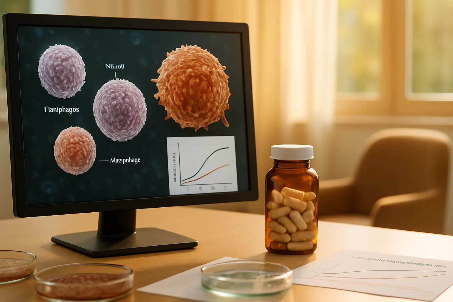 Visualização microscópica educativa de células imunológicas (linfócitos T, células NK, macrófagos) em monitor, com suplementos de zinco e gráfico de resposta imunológica