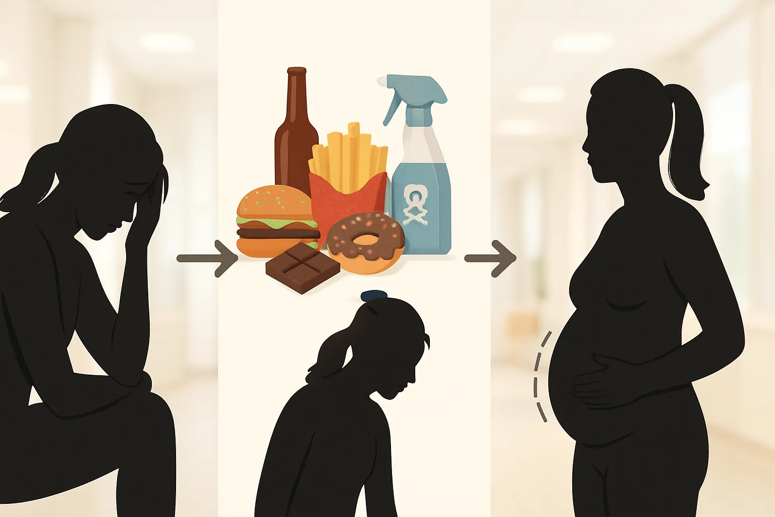 Representação visual do ciclo de desequilíbrio hormonal crônico mostrando progressão de estresse, inflamação e retenção na fase lútea