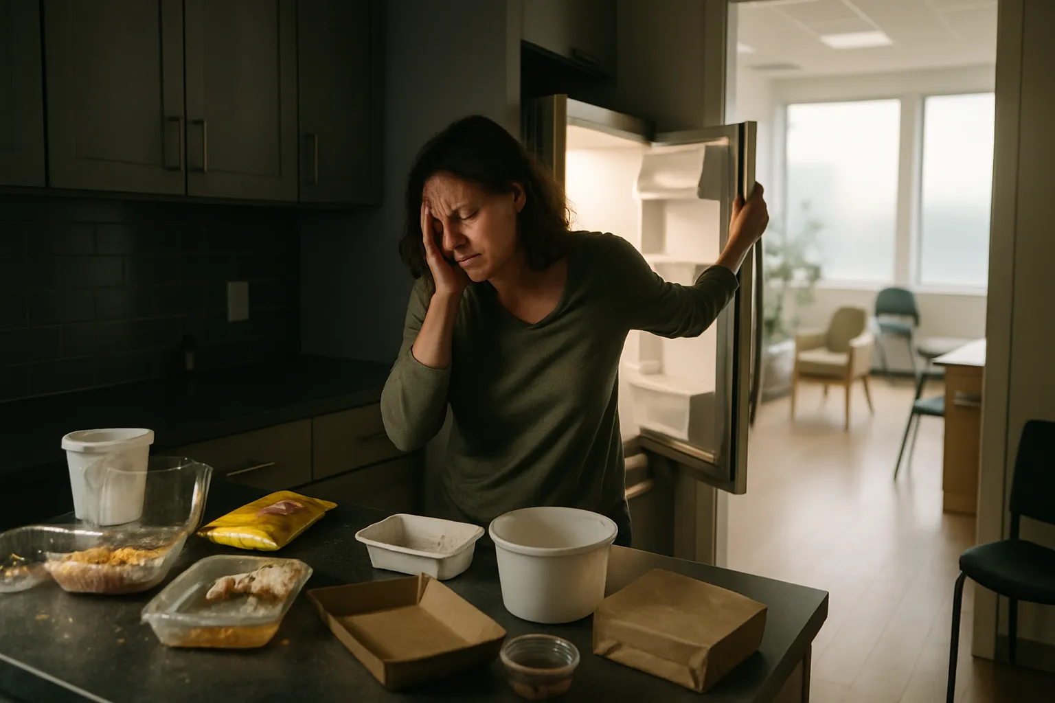 Ciclo de Restrição e Compulsão Alimentar Pessoa sozinha à noite durante episódio de compulsão alimentar emocional mostrando o ciclo de restrição e perda de controle